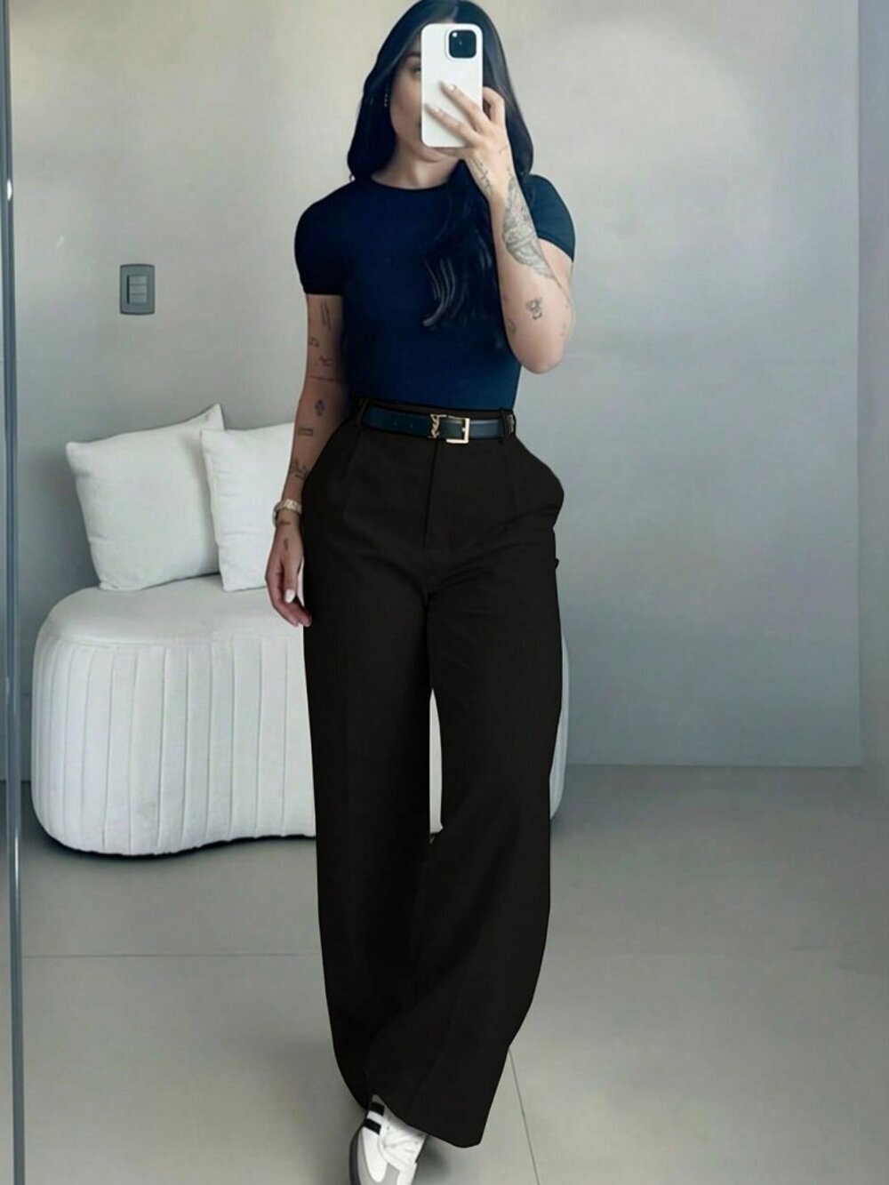 Black Casual Women's High Waist Slim Fit Wide Leg Pants